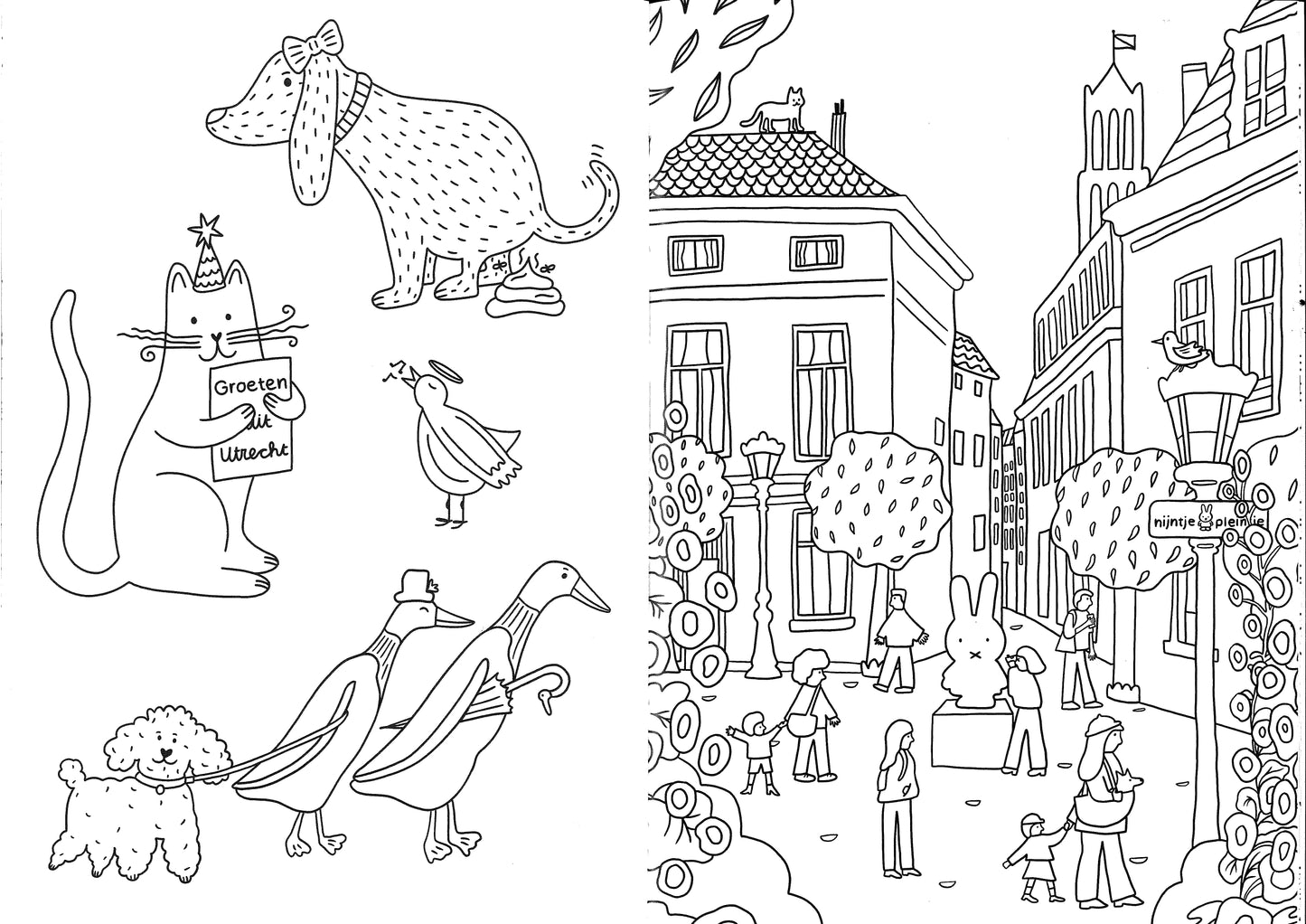 Kleurplaat van het Nijntje Pleintje en dieren in tekenstijl