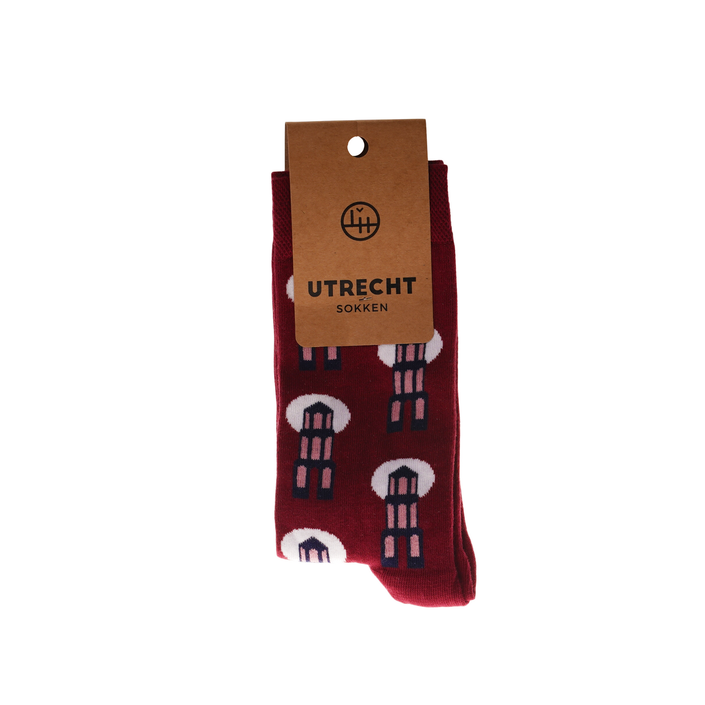 een paar bordeaux sokken met domtorendesign