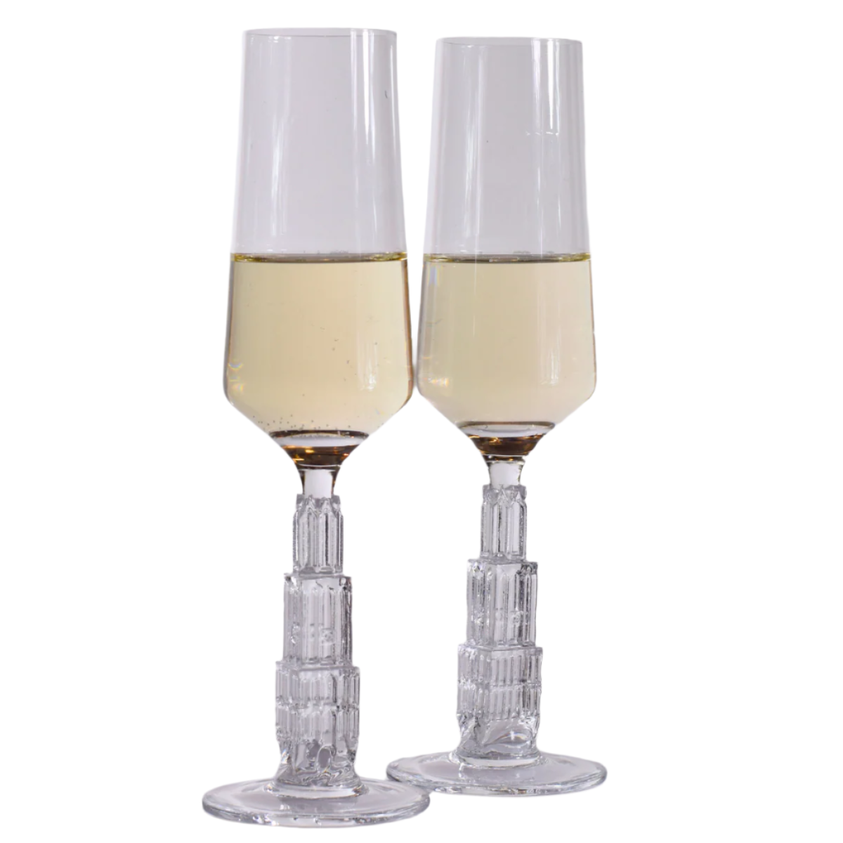 Met de hand geblazen champagneglazen met de Domtoren als voet