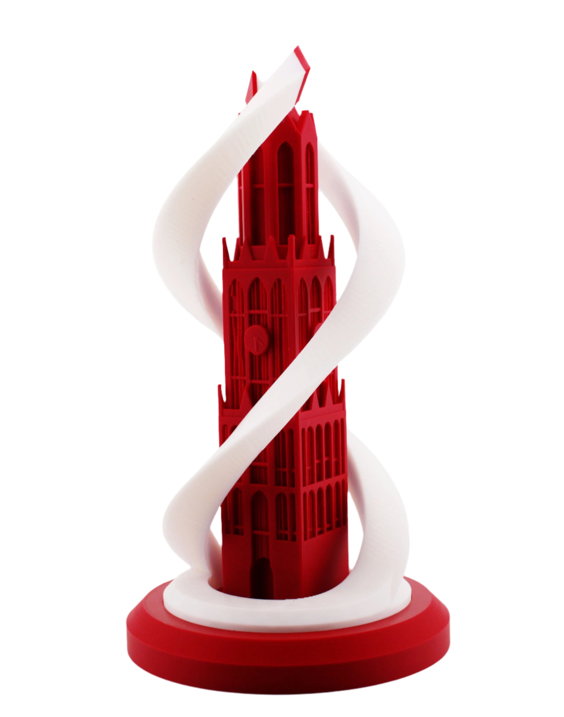 een 3D geprinte lamp in de vorm van de Domtoren met twee spiralen eromheen