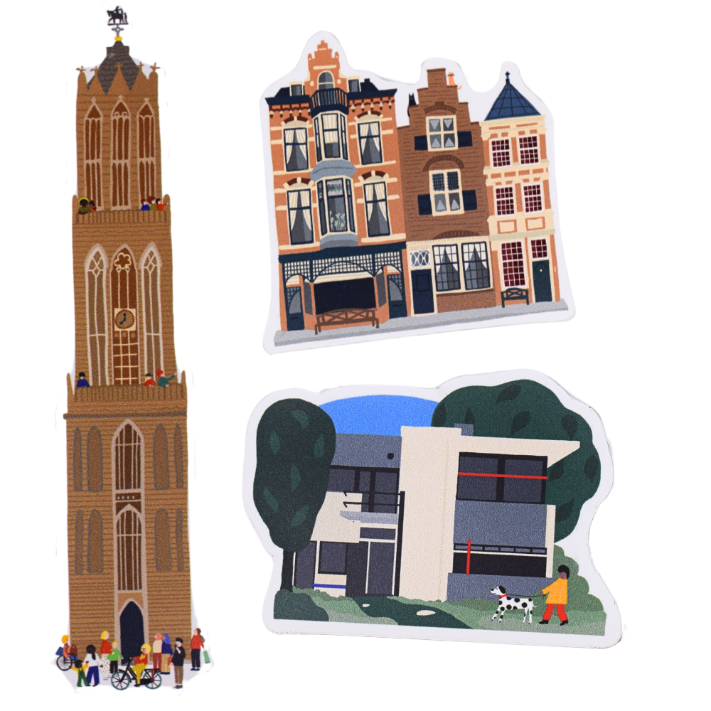 Utrechtse koelkastmagneten van de Domtoren, de vismarkt en het Gerrit Rietvledhuis