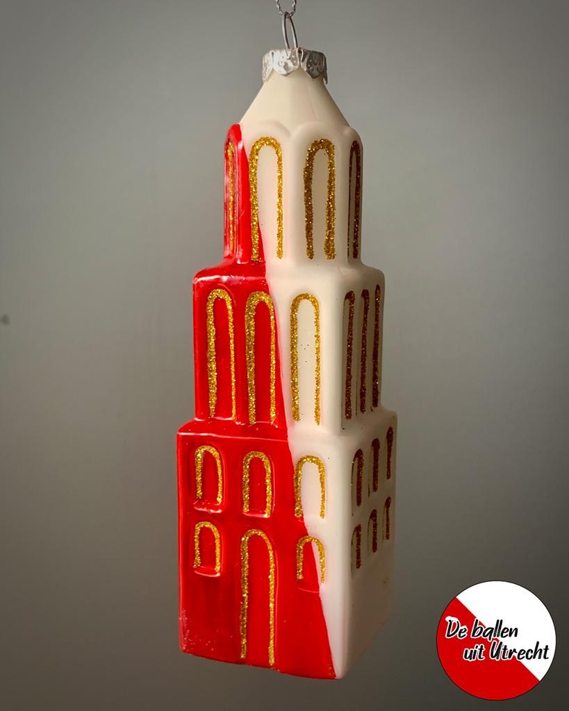 Kerstbal Domtoren Diagonaal Rood Wit-Kerstornament