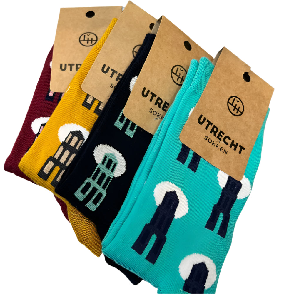 Sokken met domtorendesign in 4 kleuren (bordeaux, geel, zwart en turqoise)
