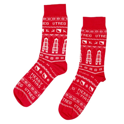 Rode kerstsokken met de Domtoren en 'Utreg' erop