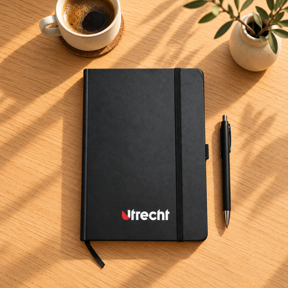 Utrecht-notitieboekje op een houten bureau naast koffie en een pen