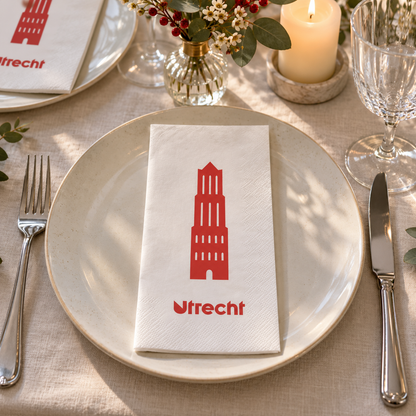 Utrecht-servet op een feestelijk gedekte tafel met kaars en bloemen