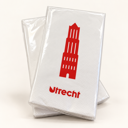 Witte Utrecht-servetten met rode Domtoren op een lichte studioachtergrond