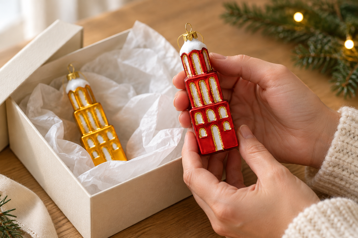 Handen houden een rode Domtoren-kerstbal boven een cadeaudoos