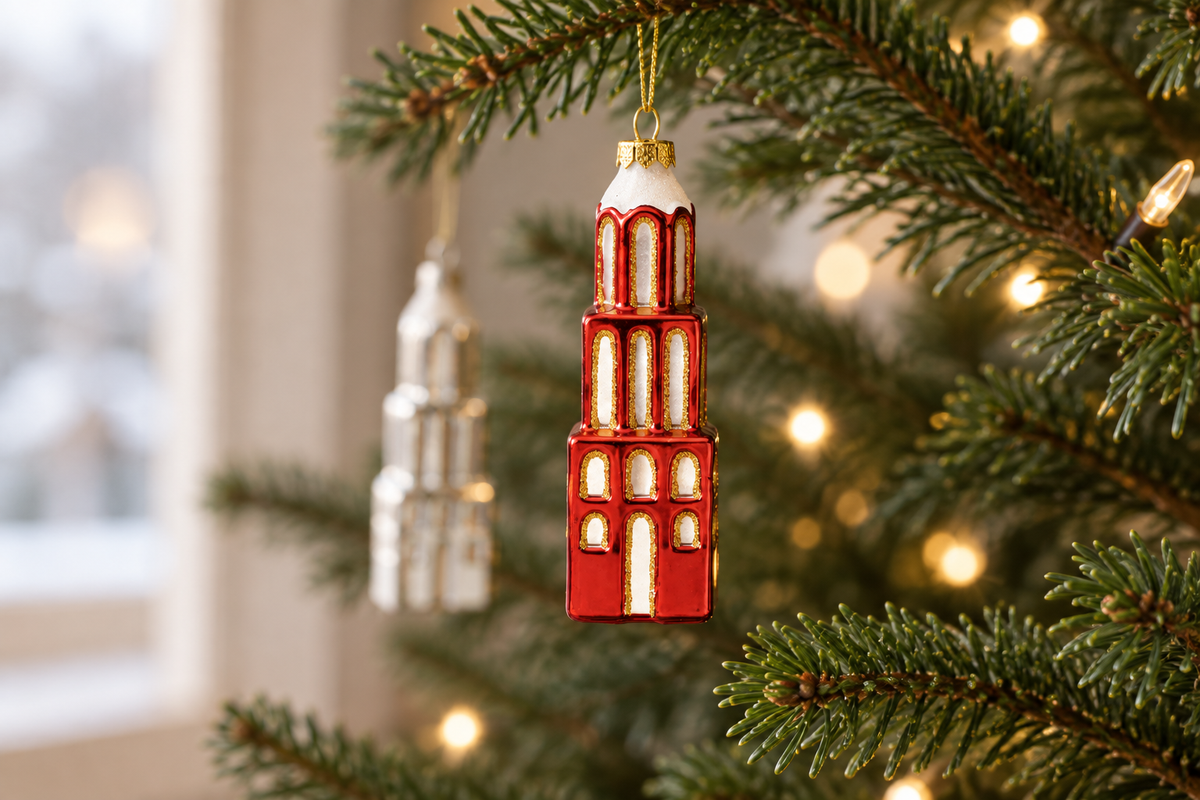 Rode Domtoren-kerstbal tussen dennentakken met warme lichtjes